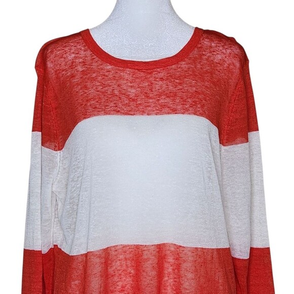 Tyler Boe Linen Blend Red White Striped Tunic Top Long Sleeve Semi Sheer Size XL - Picture 2 of 10